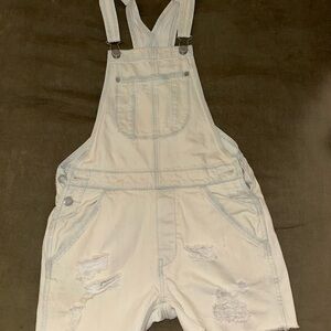 American Eagle Outfitters Cream Distressed Denim Short Overalls